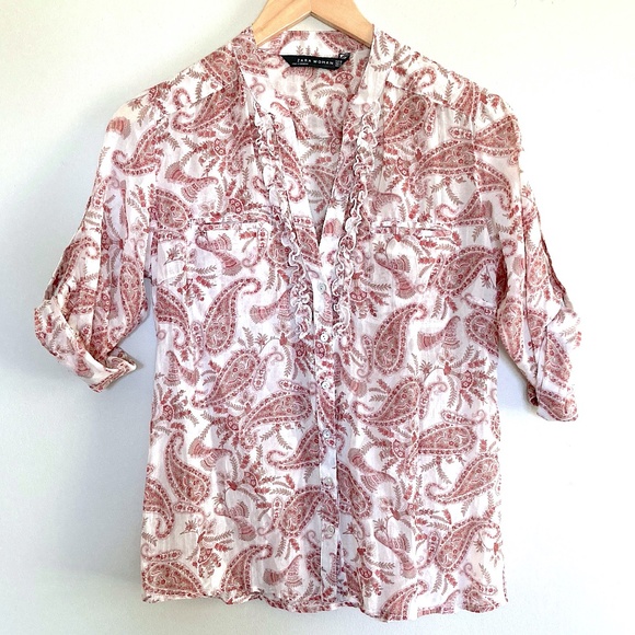Zara Tops - ZARA Women Floral Paisley Silk & Cotton Blouse Top sz S